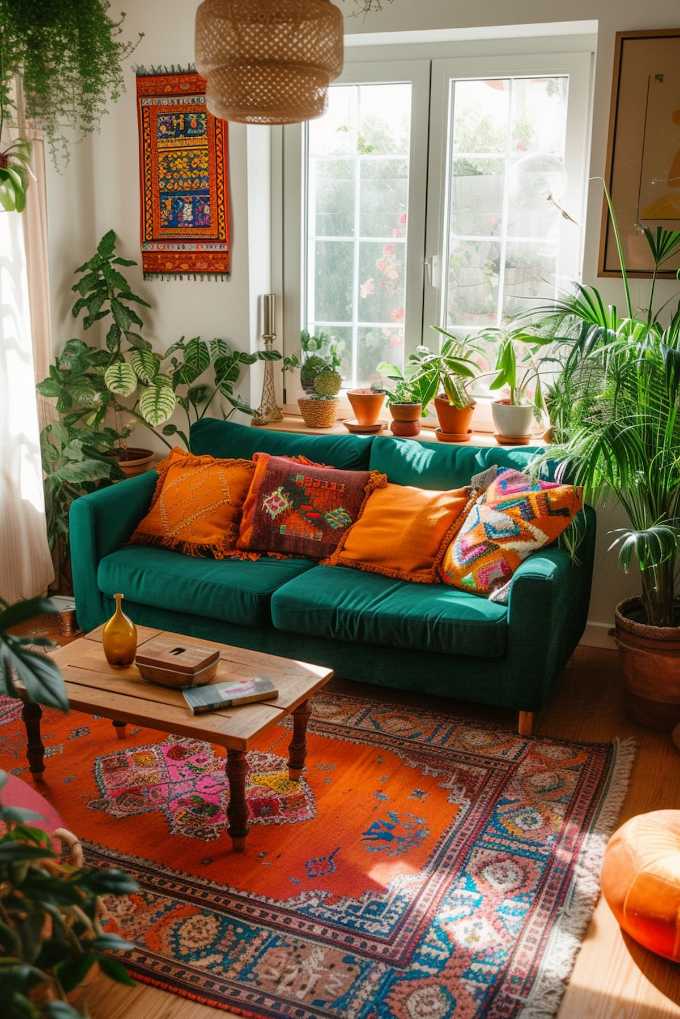 A cozy living room with a green sofa, colorful pillows, colorful wall hangings, potted plants, a wooden coffee table and a bright orange carpet. Sunlight shines through large windows in the background.