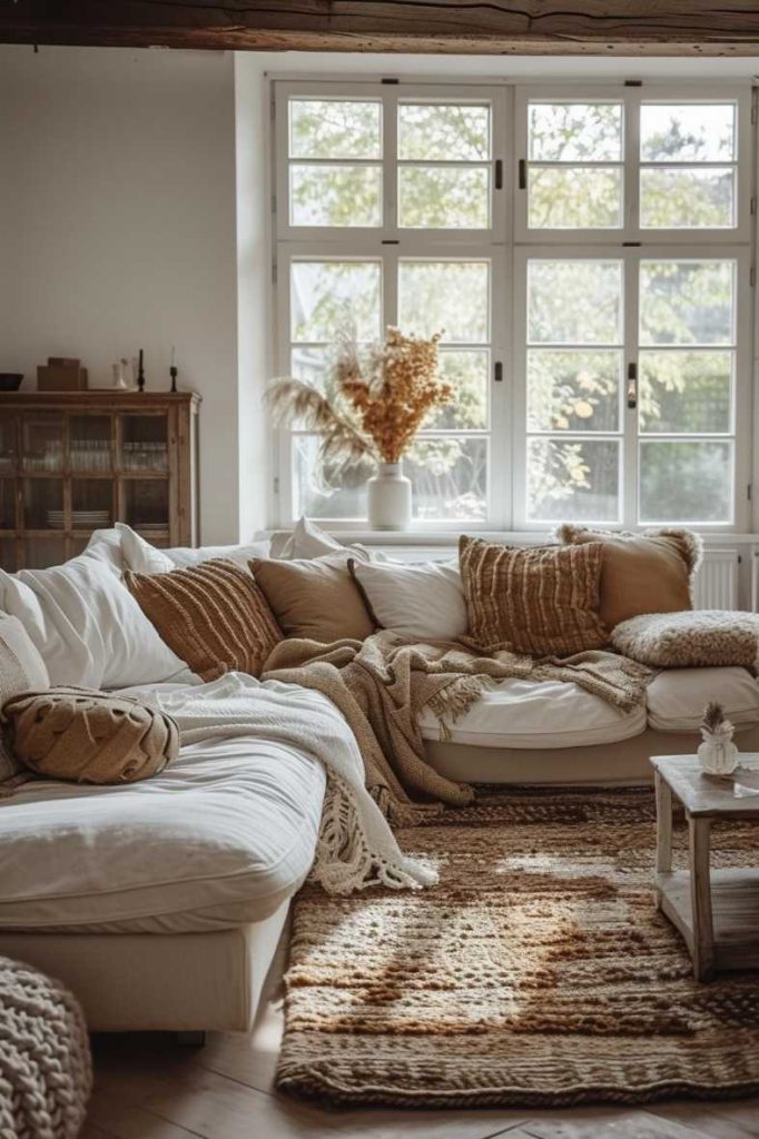 A cozy living room with a white sofa set covered in beige and brown pillows and throws. A white-framed window lets in natural light, and dried plants decorate a table and shelf.