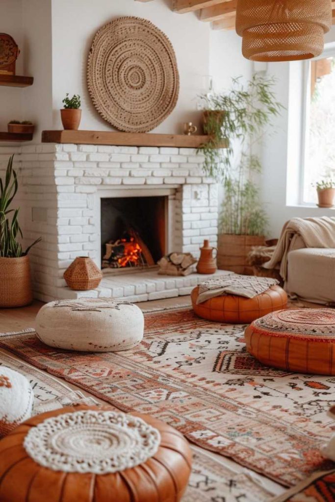 A cozy living room with a white brick fireplace, burning fire, patterned carpet, stools and potted plants, and a large woven basket on the wall above the mantel.