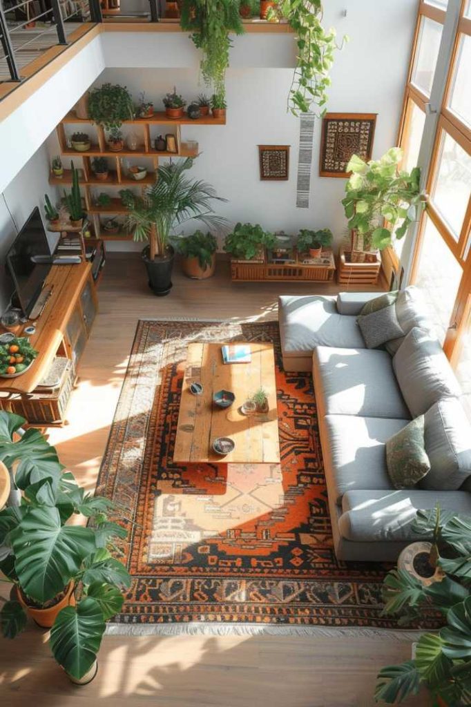 A spacious living room with lots of natural light, a gray sofa set, a wooden coffee table on an orange patterned rug and various potted plants.