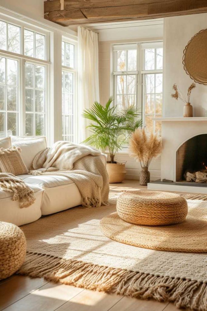 Bright living room with a white sofa, woven rugs, round wicker stools, a potted palm tree and a fireplace. Light streams in through large windows.