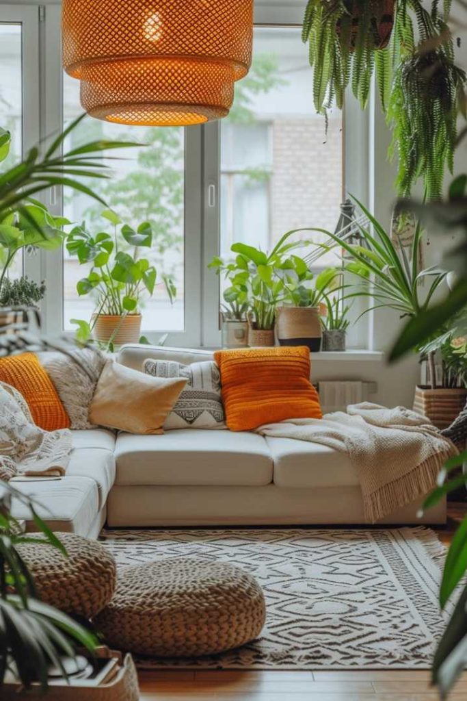 A cozy living room with a white sofa, orange pillows, woven poufs, a patterned rug and numerous potted plants. Large windows in the background provide plenty of natural light.