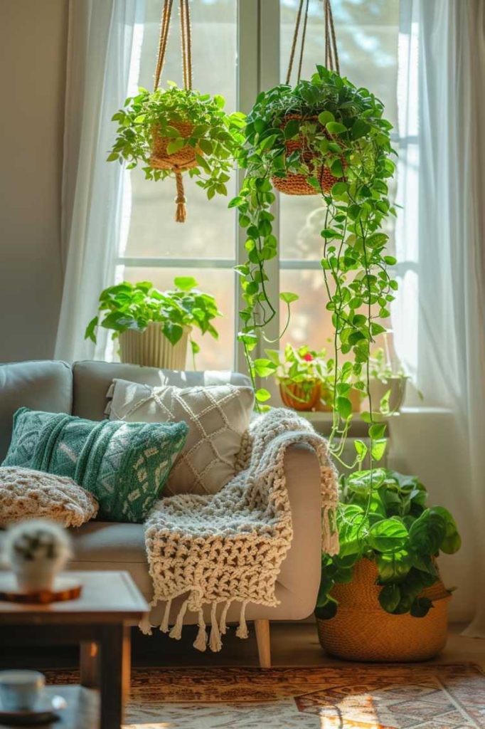 A cozy living room with a white couch, green pillows and knitted blankets. Sunlight streams through the window and hanging and potted green plants add a touch of nature to the room.