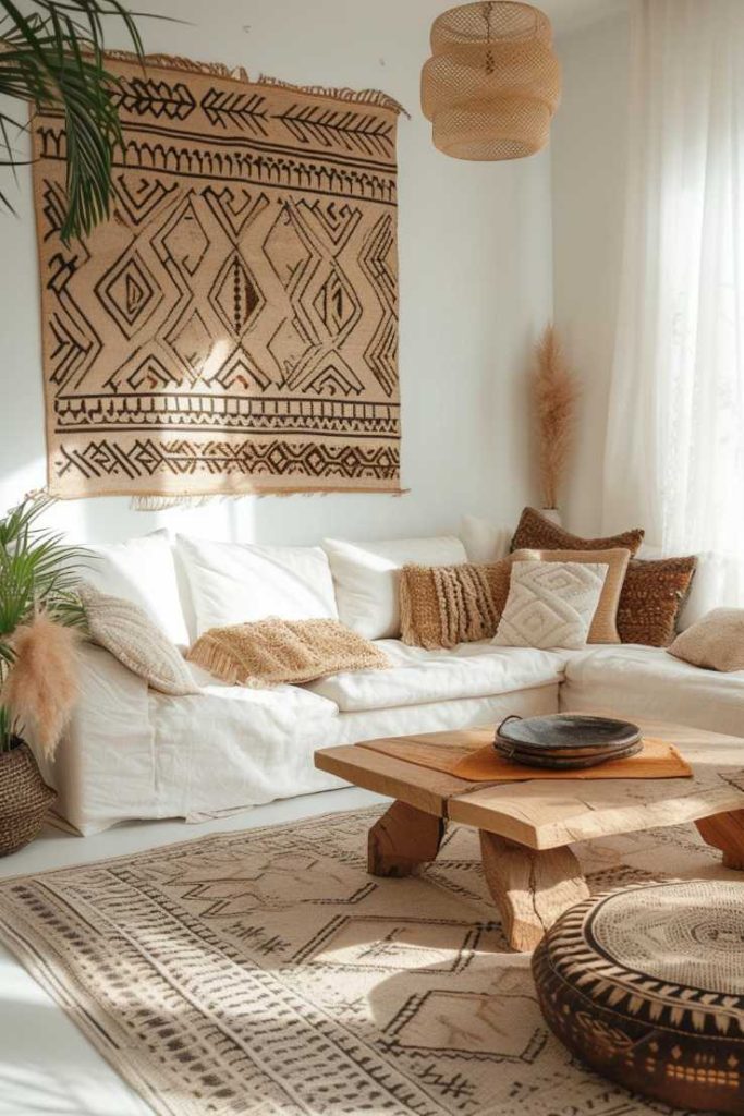 A cozy living room with a white sofa set with various brown and beige pillows, a wooden coffee table, woven wall art, a patterned rug and decorative woven items.