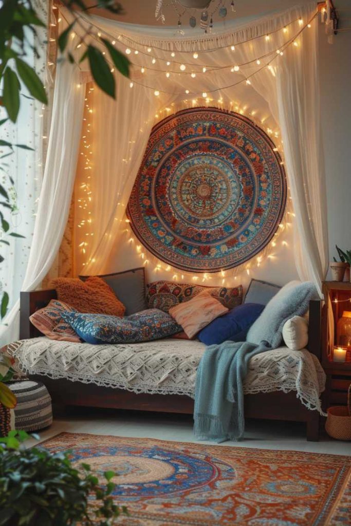 A cozy bedroom features a canopy bed with fairy lights, an elaborate tapestry, and various pillows and blankets. There are plants and a patterned carpet on the floor.