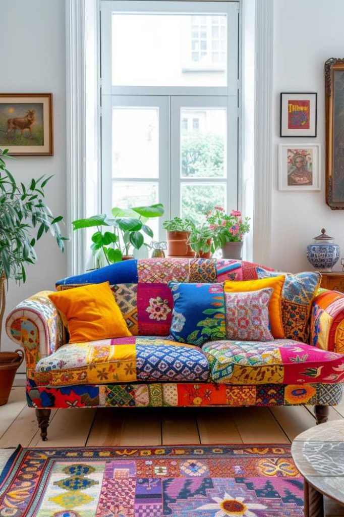 In a bright living room there is a colorful patchwork sofa decorated with different patterned cushions. The room features potted plants, framed artwork and a large window with natural light.