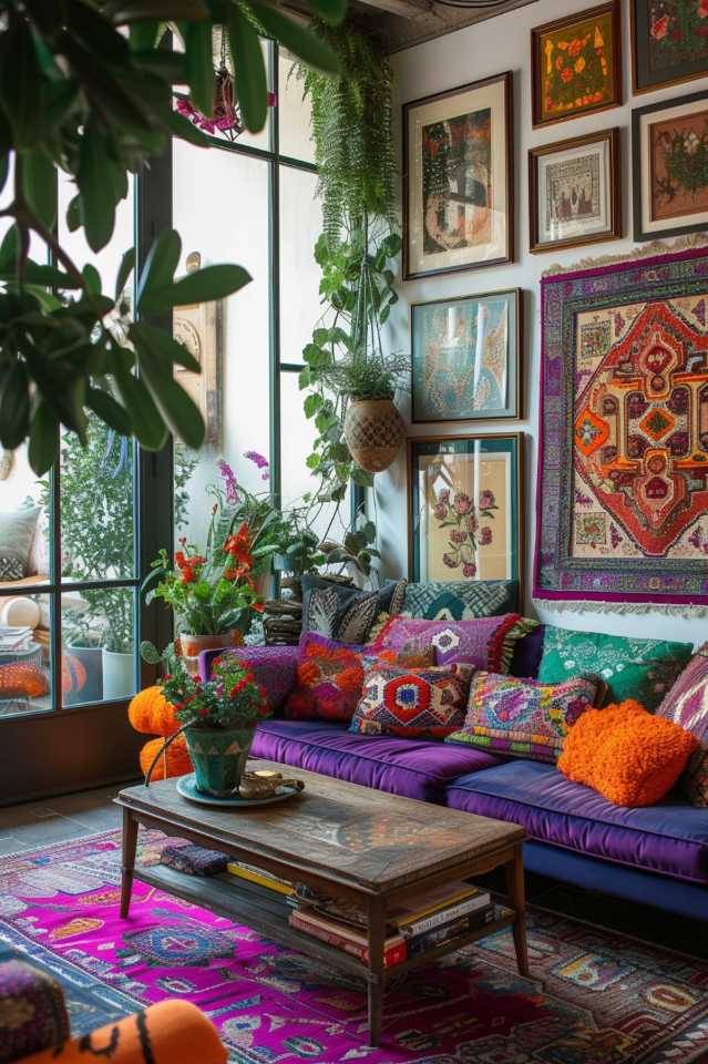 A vibrant living room features a purple couch with colorful pillows, a wooden coffee table, and walls decorated with framed art and hanging plants.