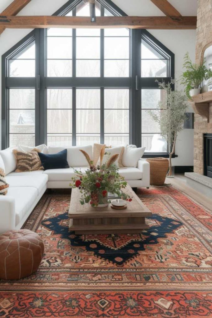 A bright living room with large windows, a white L-shaped sofa, a rustic wooden coffee table and a red patterned carpet. A stool, houseplants and a fireplace decorate the room.