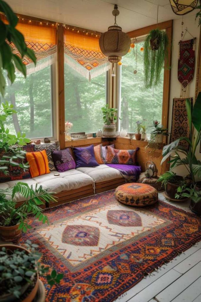 A cozy conservatory with a large window decorated with colorful cushions, patterned rugs, hanging plants and various potted plants creating a warm, inviting space.