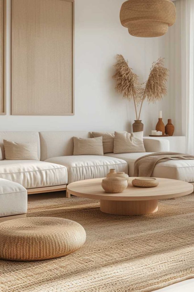 A minimalist living room with a beige sectional sofa, a round wooden coffee table, a woven rug and decor in neutral tones including pampas grass and vases. Natural light fills the room.