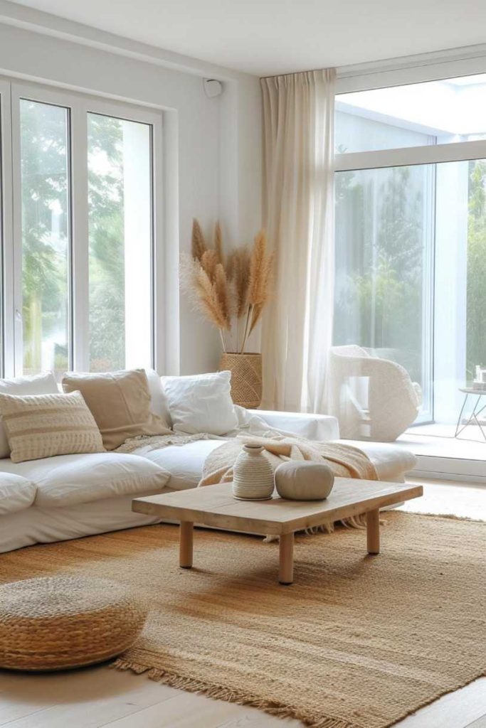 A minimalist living room with a white sofa, light pillows, a low wooden coffee table and large windows covered with sheer curtains. Neutral tones and natural materials dominate the furnishings.