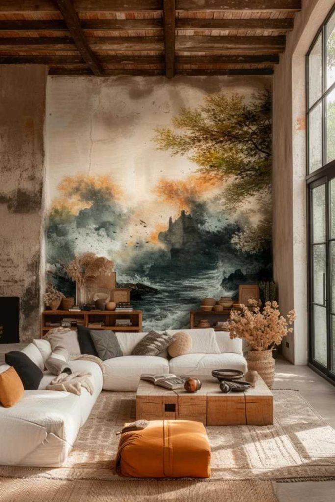 A cozy living room with a large mural depicting a foggy forest scene. The room features a white sofa set, wooden tables and large windows that let in natural light.