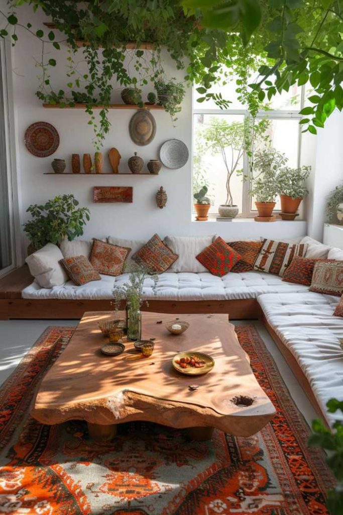 A cozy, sun-filled living room with a large wooden coffee table, white upholstered seats, patterned cushions, houseplants and shelves with various pottery and decorative items.