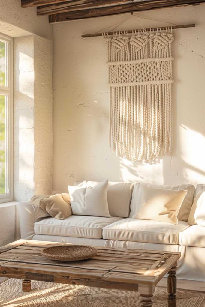 A cozy living room with a white sofa with several cushions, a wooden coffee table and a macrame wall hanging. Sunlight penetrates through the window and creates a warm and inviting atmosphere.