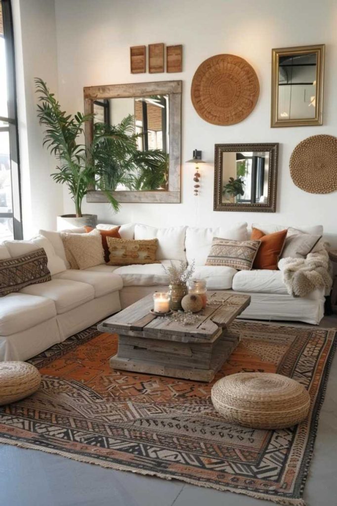 A cozy living room features a white sofa set, a rustic wooden coffee table and a selection of pillows. Furnishings include wall hangings, mirrors, a large plant and a patterned rug.