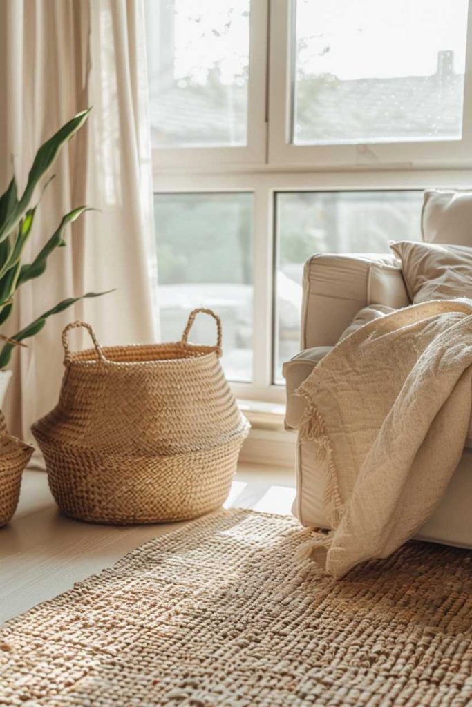 A cozy living room with a light-filled window, woven baskets, a beige rug and a white sofa draped with a beige blanket. There is a potted plant next to the baskets.