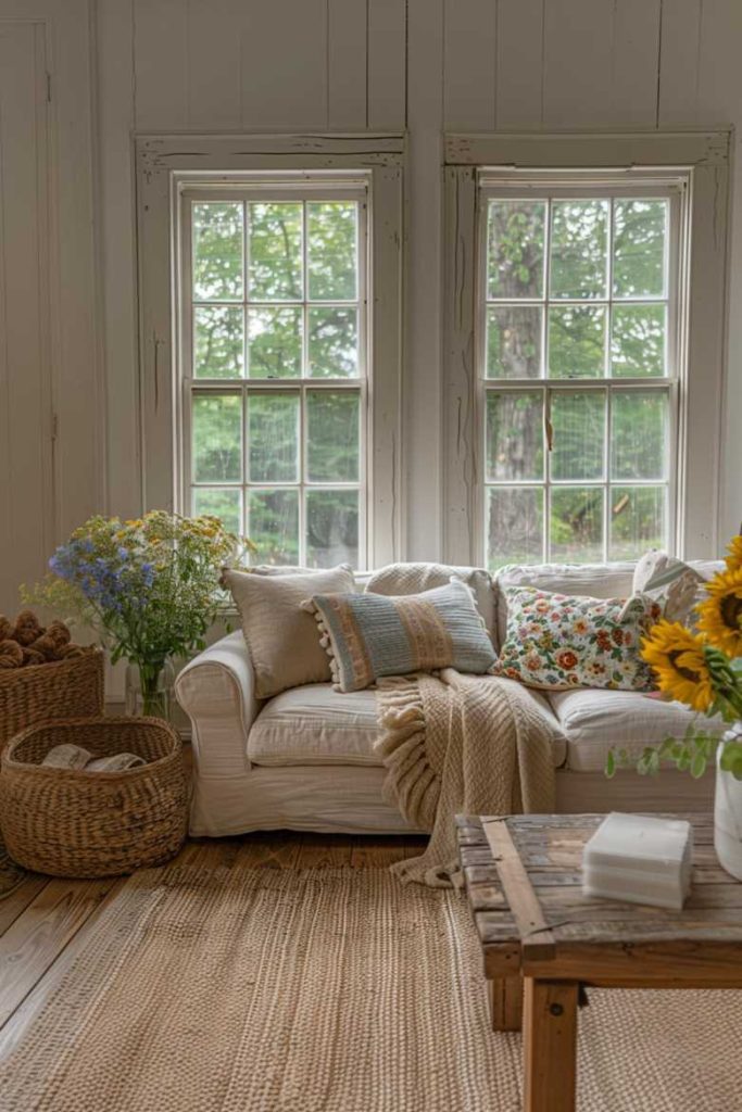 A cozy living room features a white sofa with patterned pillows, a woven basket, a wooden coffee table, and large windows overlooking the greenery. A vase of sunflowers adds a touch of color.