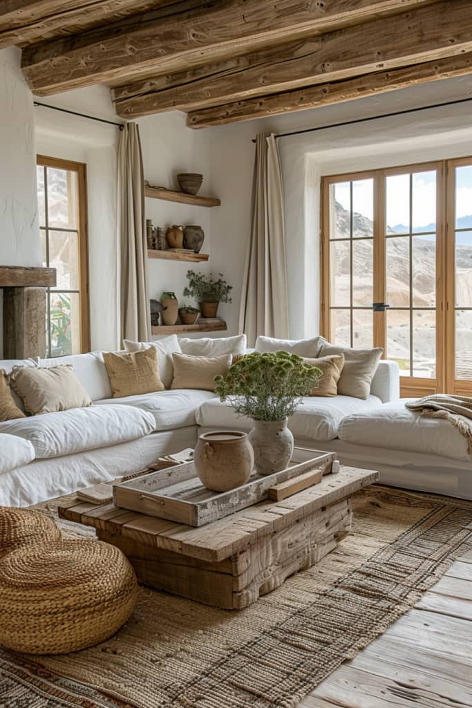 A cozy living room with wooden beams, white walls and large windows. Features a white sofa set with beige cushions, a rustic wooden coffee table and natural decorative items.