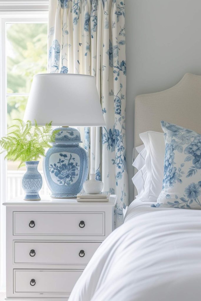 White bedside table with blue and white ceramic lamp paired with a decorative white vessel and a vase with a <a href=