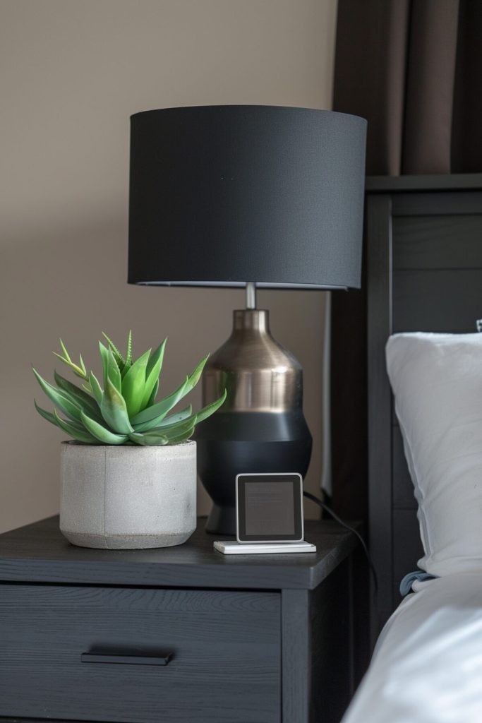 Black wooden bedside table with black lamp and a gray concrete planter with a green succulent