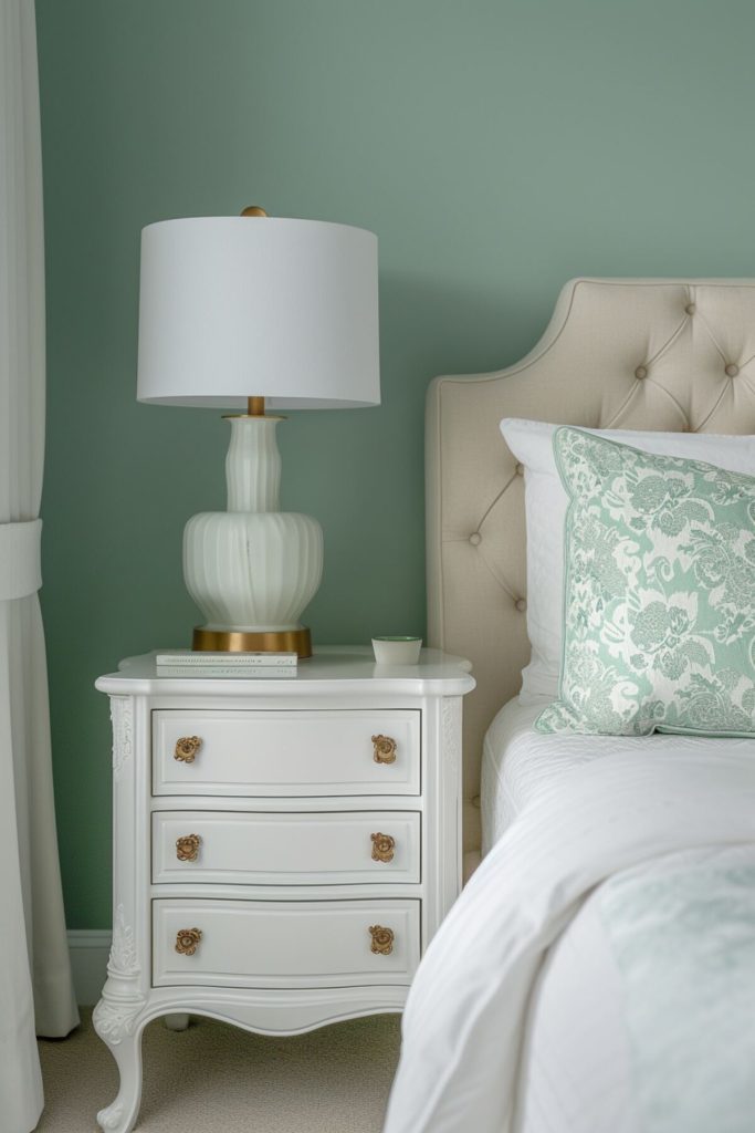 A white bedside table with a vintage ribbed lamp on it, along with a book and a decorative bowl