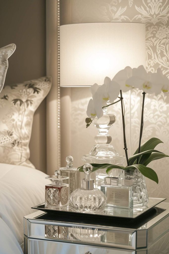 a glass bedside table with a mirrored tray next to a crystal lamp and a white orchid in a clear vase