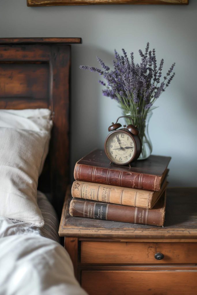 Rustic wooden bedside table with an antique alarm clock, a stack of leather-bound books and a small vase of fresh lavender