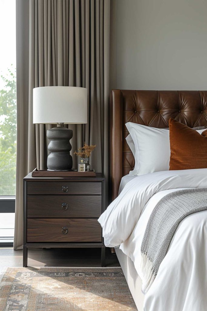 Dark wood bedside table with a small dried plant on a wooden tray and a black leather lamp with a bright white lampshade