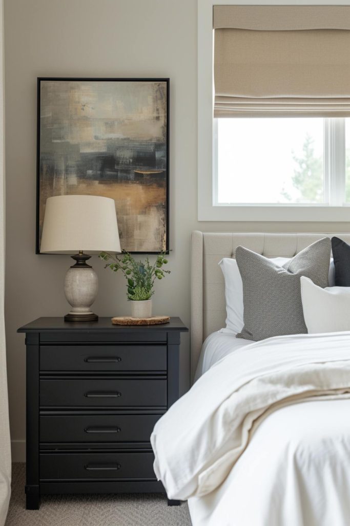 Black wooden bedside table with rustic table lamp on it, green plant on a wooden tray and <a href=