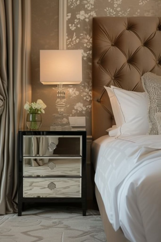 black bedside table with a sparkling crystal lamp and a glass vase with white flowers.