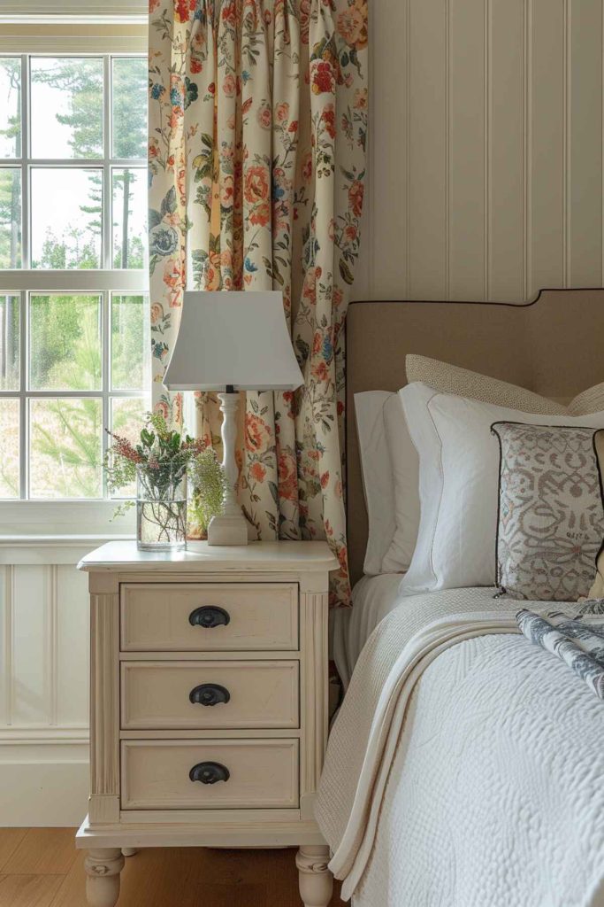 White bedside table with white rustic lamp on it and a vase with mixed flowers