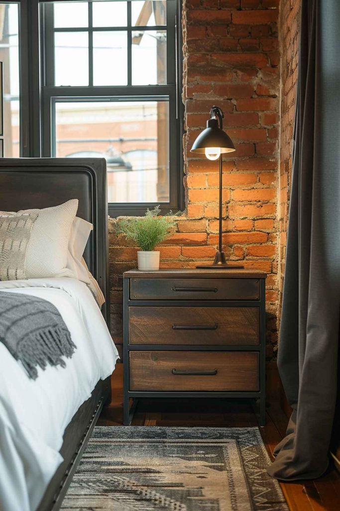 a metal bedside table with a black industrial lamp and a delicate feather plant