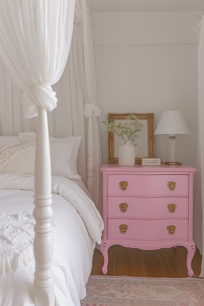 a pink bedside table with a white lamp with gold accents, a vase full of small white flowers and an ornate gold frame