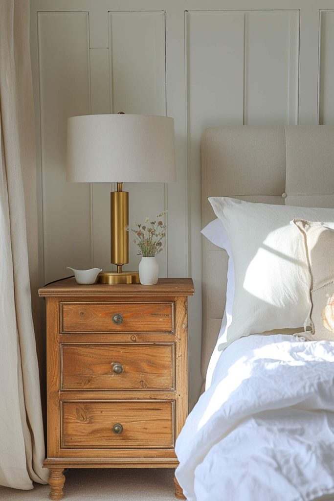 A wooden bedside table with a small vase of white flowers and board and batten walls that enhance the charming cottage feel of the room.