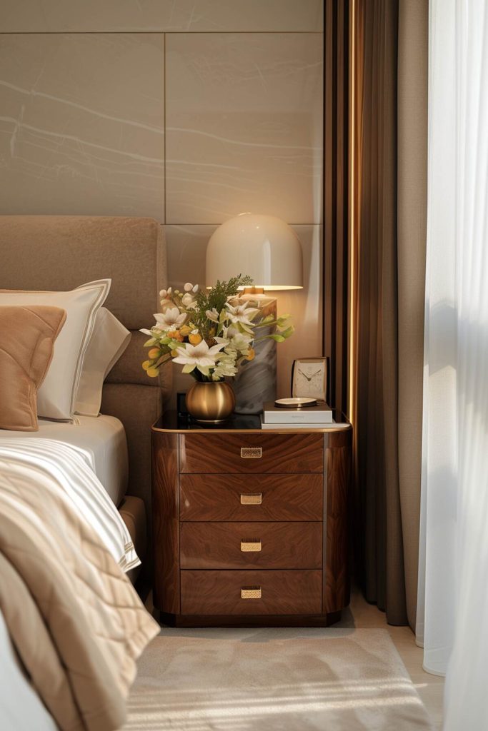 Wooden bedside table with a marble lamp with a bell-shaped shade, a golden vase with seductive white flowers and a golden box