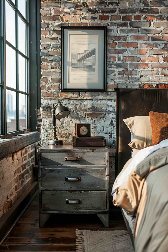 A dark bedside table with a gunmetal gray bedside table, a matching industrial lamp, a square vintage clock and a small wooden box