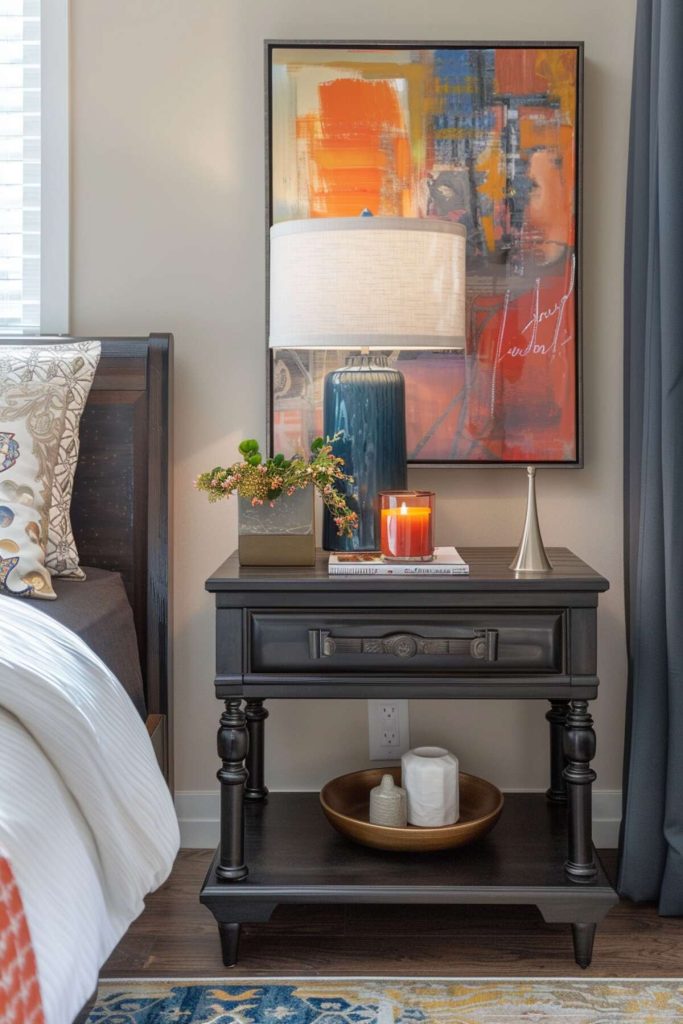 Traditional dark wood bedside table with a blue ceramic lamp, a candle on a book and an elegant planter with artificial pink flowers