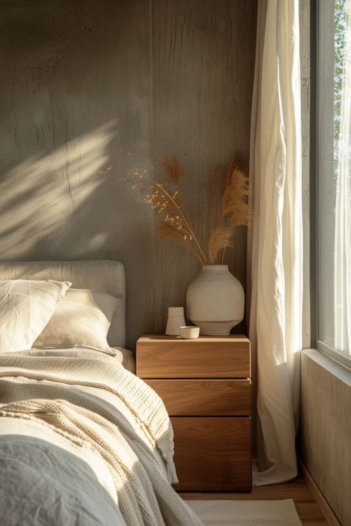 a wooden bedside table with a vase made of soft pampas grass and two small ceramic pieces