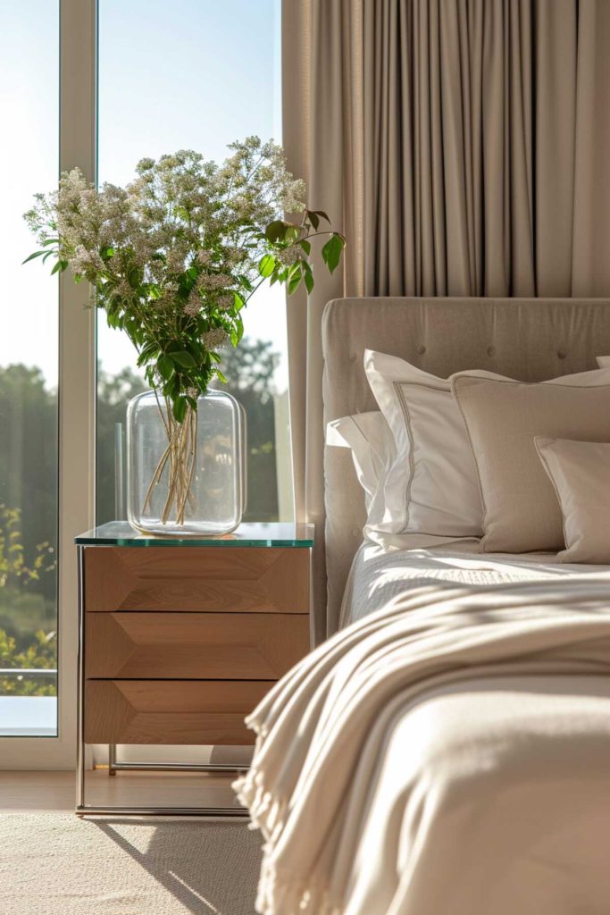 A brown bedside table with a glossy glass top, metal base and wooden drawers. 