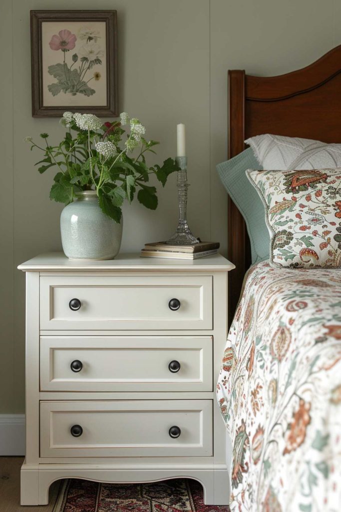 a white nightstand with a muted green vase filled with dainty white flowers. 