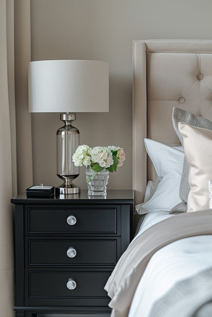 a black nightstand with a crystal vase filled with artificial white flowers 