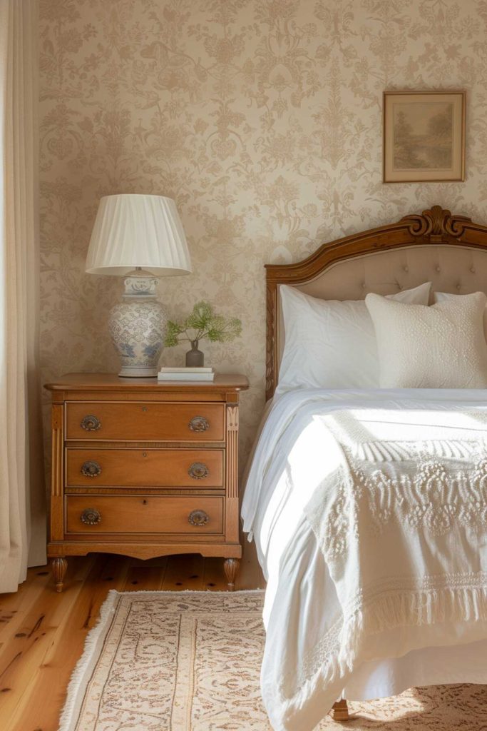 a wooden bedside table with a vintage lamp. and a small gray vase with an artificial green plant resting on a pair of books