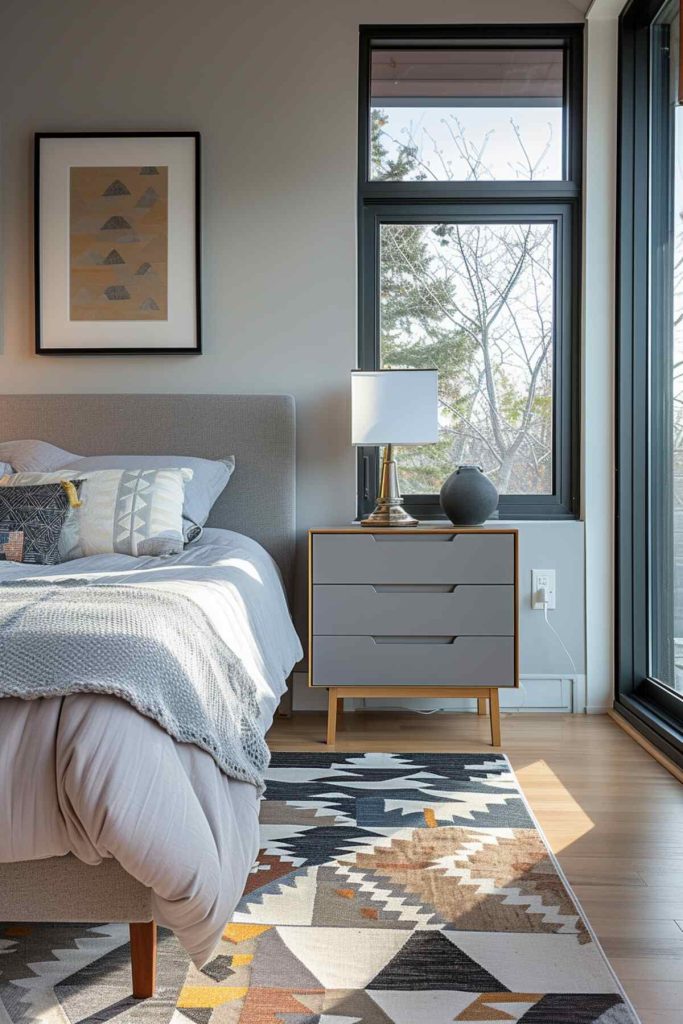 a gray bedside table with a modern brass lamp and decorative gray ceramics