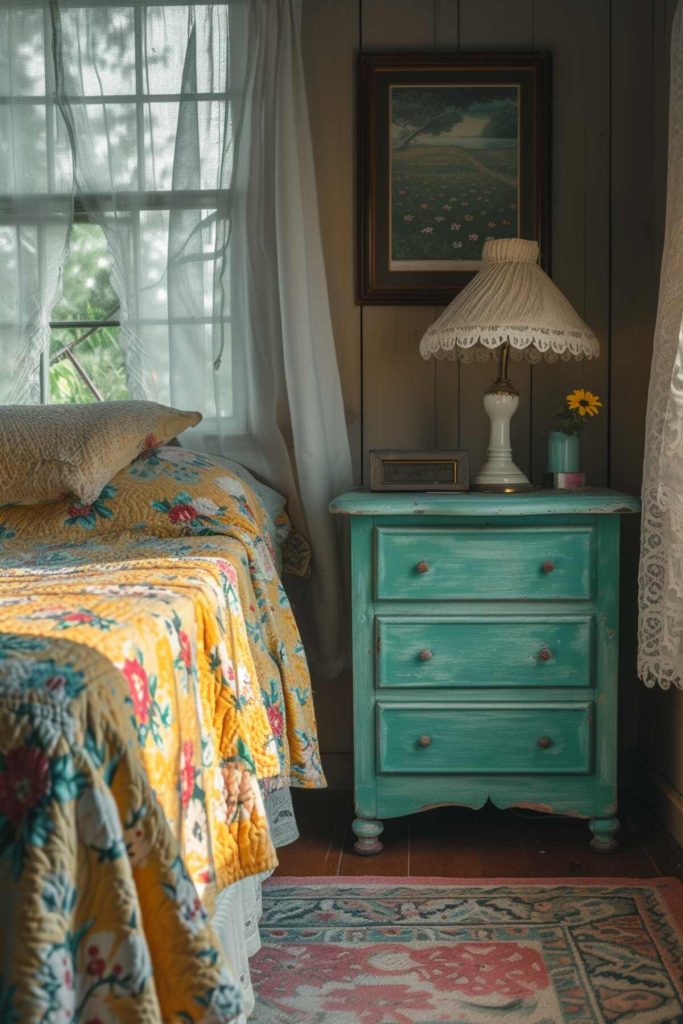 A teal retro bedside table decorated with a retro scalloped edge lamp, a small keepsake box and a single sunflower in a matching teal jar