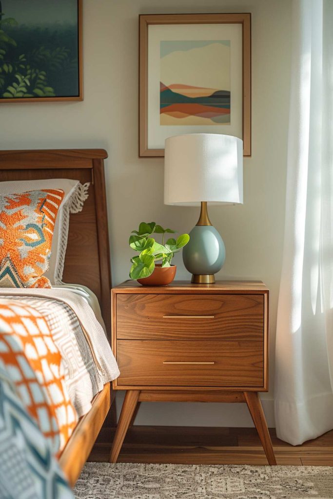 A wooden bedside table with a wooden bowl on which an artificial plant with large round leaves rests and above it a colorful landscape picture in a wooden frame