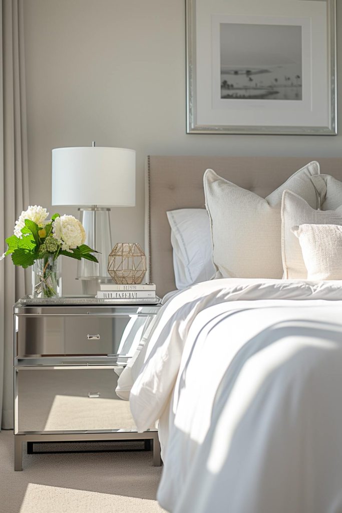 a mirrored bedside table with a glass lamp, a vase with opulent large white flowers and a few books with a geometric tea light holder on top