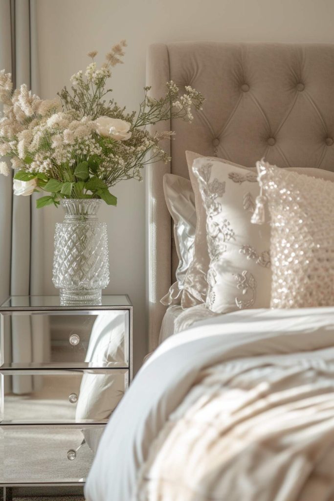 a mirrored nightstand with a crystal vase filled with a gorgeous floral arrangement