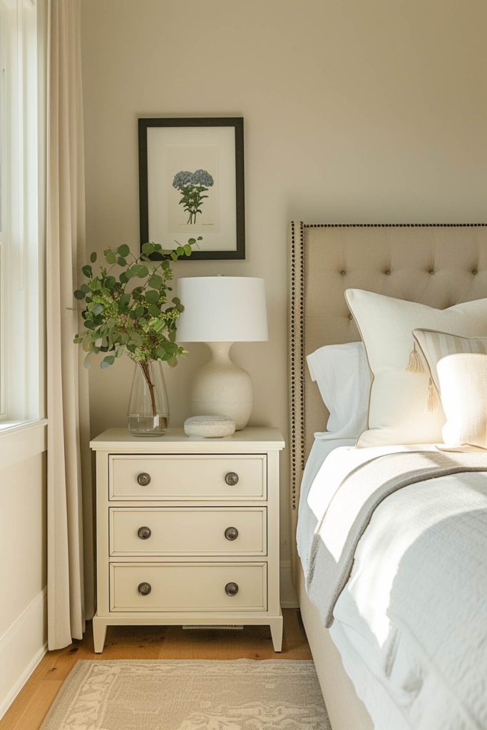 a small white bedside table with a vase of eucalyptus leaves, a white ceramic lamp and a painting of blue hydrangeas above the table