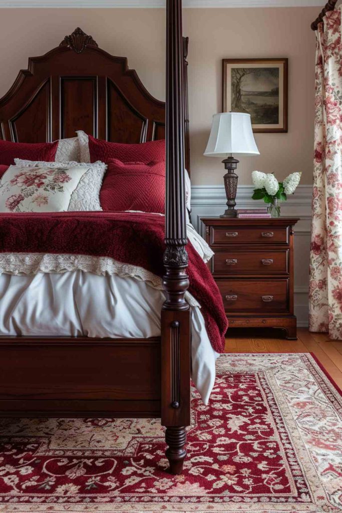 A wooden bedside table with an antique style lamp with a curved lampshade, a vase of <a href=