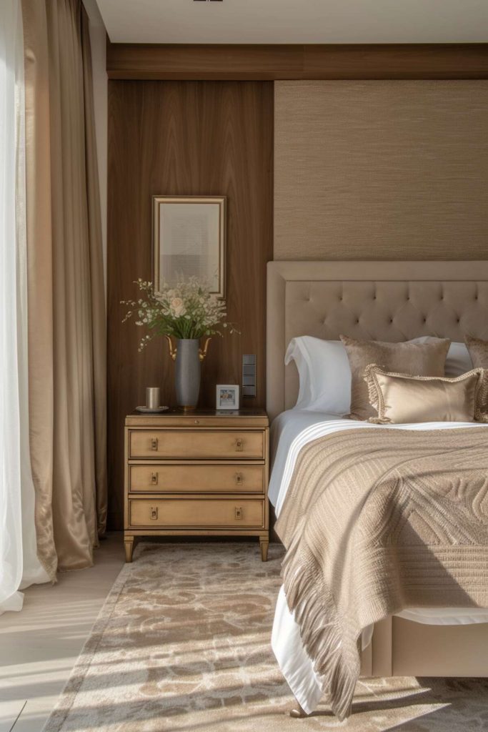 A wooden nightstand with a gray vase with brass accents filled with a white floral arrangement as well as a small white picture frame and a silver candle holder